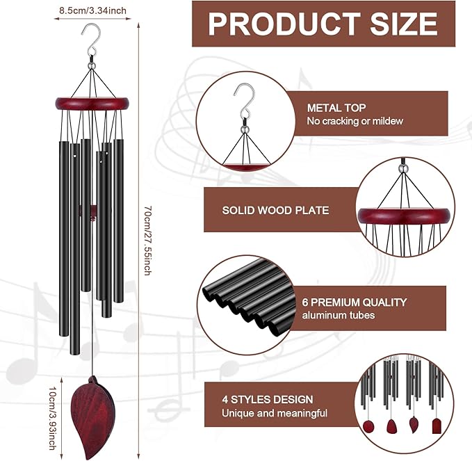 Tatuo 4 Pcs Memorial Wind Chimes 28 Inch Wooden Sympathy Wind Chimes DIY Sympathy Gift for Father's Day Loss of Loved One Bereavement with 6 Aluminum Tube for Indoor Outdoor(Black,Simple Style)