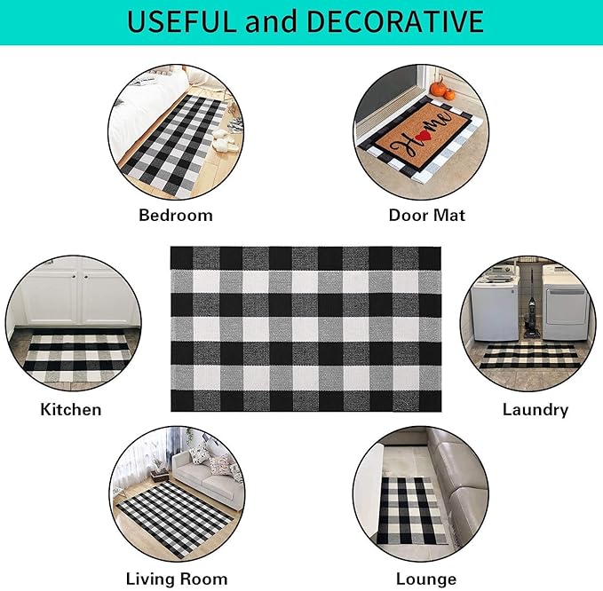 MUBIN Cotton Buffalo Plaid Rug 27.5 x 43 Inches Black and White Check Rugs Hand-Woven Indoor or Outdoor Rugs for Layered Door Mats Washable Carpet for Front Porch, Kitchen, Farmhouse, Entryway