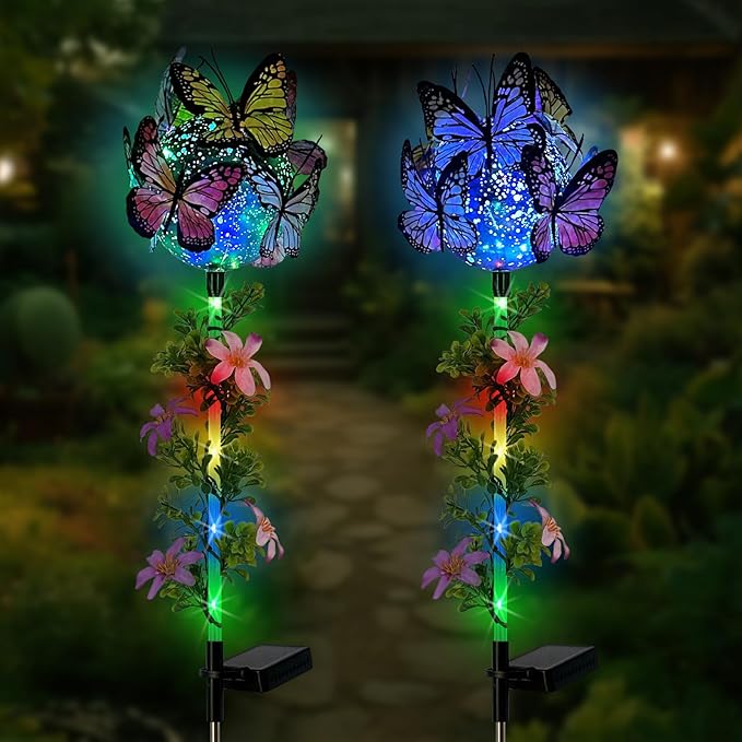 Solar Lights Outdoor Pathway,2 Pack Butterfly with Ball Garden Stakes,Colorful Twinkle Fairy Lights Decorations Outdoor for Yard,Lawn,Spring