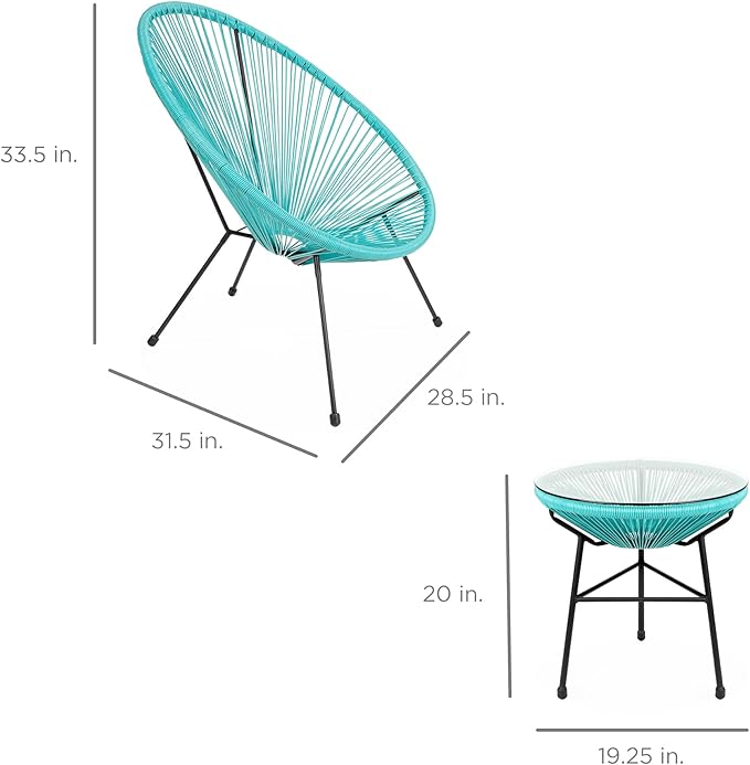Best Choice Products 3-Piece Outdoor Acapulco All-Weather Patio Conversation Bistro Set w/Plastic Rope, Glass Top Table and 2 Chairs - Light Blue
