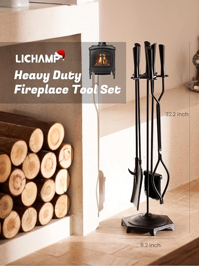 Lichamp Fireplace Tools Set, 5-Pieces Indoor Outdoor Sturdy Fire Place Poker Sets with Modern Handle, FTS15BK
