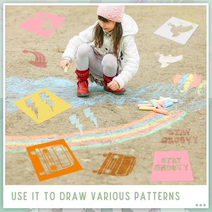 Henoyso 24 Pcs Boho Groovy Peace Stencil Set 8 x 8 Inch Plastic Drawing Painting Chalk Templates Assorted Stencils Reusable for Kids Painting on Wood Paper Scrapbook Wedding DIY Art Crafts