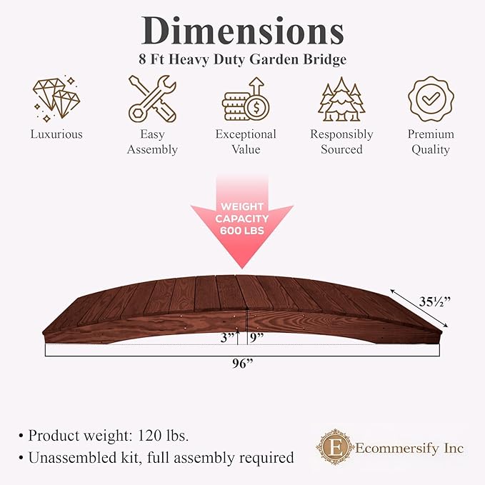8 FT MAHOGANY Amish Made Pinewood Heavy Duty Garden Bridge for Walkway, Backyard Pond & Landscaping, Outdoor Wooden Footbridge for Koi Pond, Japanese Style Decorative Bridge, Made in USA