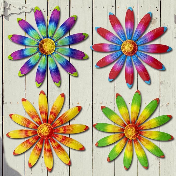 Giyyomtr Metal Flowers Wall Decor - 4pcs Metal Sunflowers Wall Art Hanging Decorations for Outdoor Fence Garden Yard Patio Decor, Gift for Mom Friends