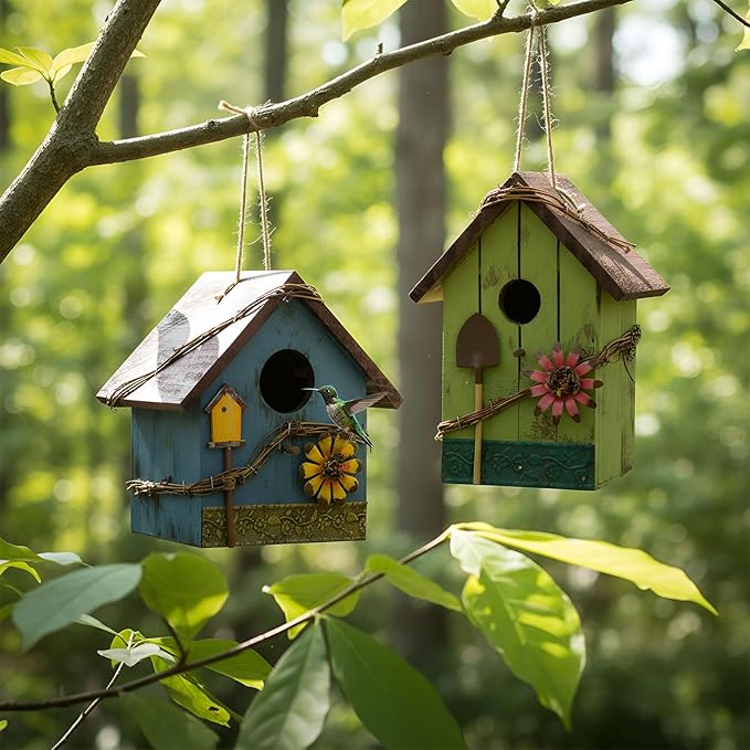 2 Pcs Decorative Birdhouse for Yard Outside Hanging Wooden Birdhouse Hand Painted Bird Box for Bird Lovers Bluebird Tree Swallow Wild Chickadee Garden Decor(Red,Blue,Wooden Roof)