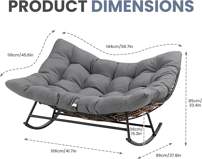 COSIEST Oversized Papasan Rocking Chair with Extra Thick Cushion - 58 in Rattan Wicker Egg Chair for Indoor/Outdoor Use, Swivel Lounge Chair for Patio, Living Room, Bedroom, Grey