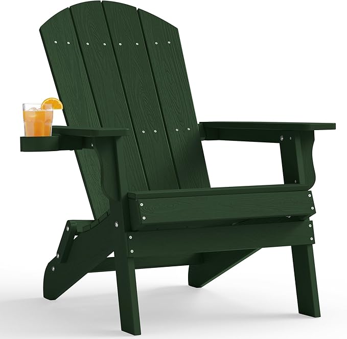 YEFU Adirondack Chair, Oversized Plastic Adirondack Chair Folding Outdoor Chairs with Cup Holder, Lawn Chair with Weather Resistant for Outside Deck Lawn Garden, Weight Capacity Up to 400 Lbs –Green