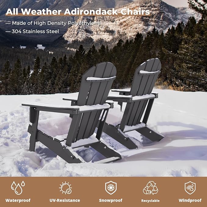 BRIOPAWS Folding-Adirondack-Chairs Set of 4 | HDPE Plastic | Fire Pit Chair | Cup Holder | Curved Back | All Weather | for Outdoor Backyard Deck Patio | Grey