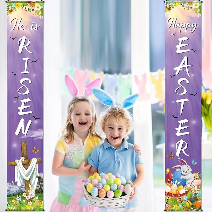 Happy Easter He Is Risen Porch Sign Banner Happy Easter Door Banners Hanging Decorations for Home Outdoor Indoor Wall Front Door Decor, 2 Pcs