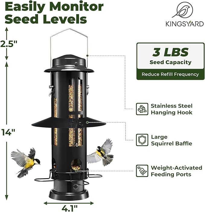 Kingsyard Squirrel Proof Bird Feeder for Outdoors Hanging, Metal Wild Bird Feeders with Removable Base and Baffle, Easy to Clean & Refill, 3 lbs Large Seed Capacity, Black