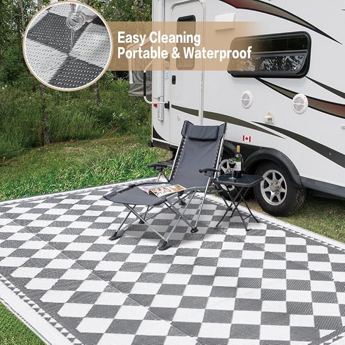 HUGEAR Outdoor Waterproof Rug 8'x10' Plastic Straw Rugs Washable Reversible Floor Mat Grey Plaid Carpet for Camping RV Deck Entryance Porch Picnic Balcony Beach Backyard