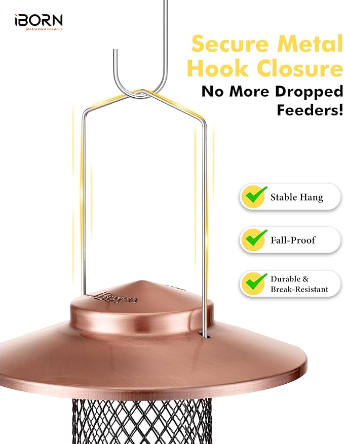 iBorn Peanut Bird Feeder,Sunflower Seed Feeder,13.5 Inch Metal Mesh Tube Bird Feeders for Outdoors Hanging,Squirrel-Proof Birdfeeders for Peanut with 17cm Weatherproof Roof & Tray,2 LB Capacity,Copper