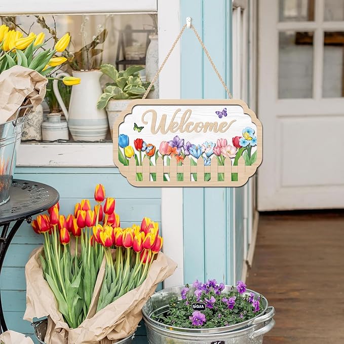 HOURIA 3D Spring Welcome Front Door Sign (11.4”x7”),Floral Butterfly Garden Sign,Colorful Tulip Flower Wreath Sign,Spring Decorations for Home Office Indoor Outdoor