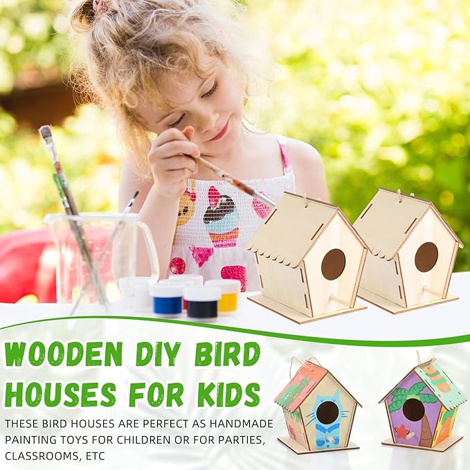 12 Pack 4.3" Wooden Bird Houses Bulk for Kids with Front Perch Peg, DIY Kid Art Craft Outdoor Birdhouse Kit Unfinished Hanging Birdhouse Class Activity for Girls Boys to Build and Paint