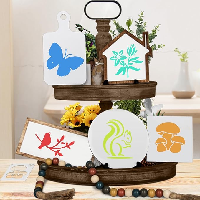 64 PCS 5 Inch Flower Stencils, Plant Butterfly Reusable Plastic Paint Templates for Painting on Wood, Botanical Birds Animal Forest Theme Stencils Set for Wall Rock Canvas Drawing Art Fabric Tile Home