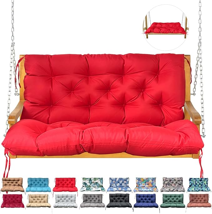 Porch Swing Cushion with Backrest,Waterproof Bench Cushion for Outdoor Furniture,2-3 Seater Replacement Thickened Swing Cushion with Ties,Patio,Outdoor,Backyard and Garden (Red,40x40)