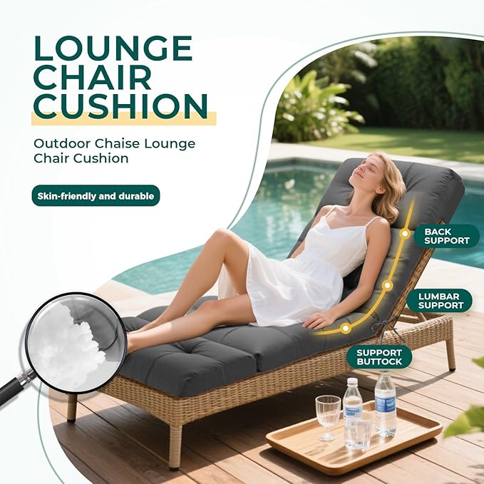 Outdoor Chaise Lounge Chair Cushion 74.4 x 22 x 4.7 Inches Non-Slip Lounge Chair Cushions for Outdoor Furniture with Ties, Patio Recliner Thickened Lounge Cushions for Indoor, Grey