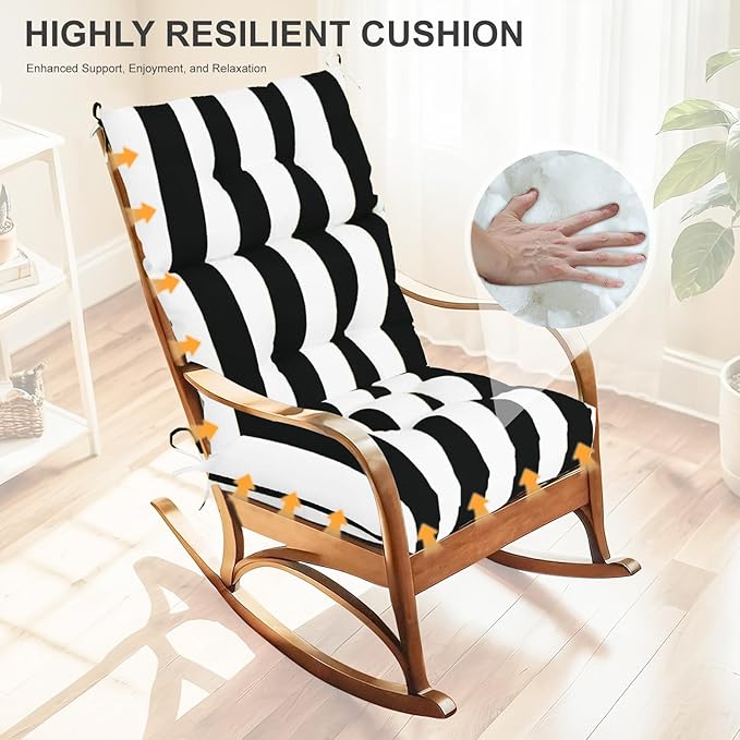 Outdoor High Back Chair Cushions 2-Pack, 44"x22"x 4" Fade-Resistant Waterproof Tufted Pads with Ties for Patio Rocking & Adirondack Chairs (Black White)