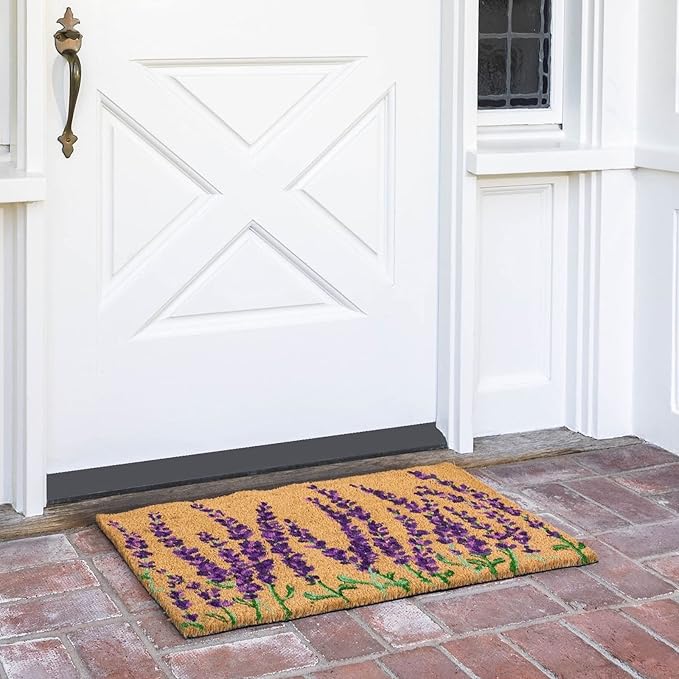 Juvale Lavender Floral Door Mat - 17 x 30 in, Purple Coir - Welcome Mat for Front Door & Outdoor Entryway - Coir Doormat for Patio & Porch
