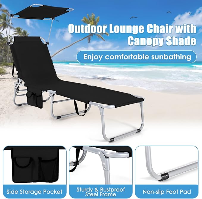 GYMAX Tanning Chair, Beach Lounge Chair with Canopy Sunshade, Carry Handle & Pocket, 5 Level Adjustable Layout Chaise Lounge for Outside, Folding Sunbath Chair for Outdoor, Patio, Poolside (2, Black)