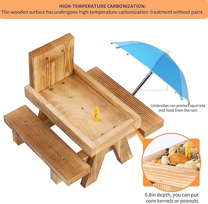 Gnodary Squirrel Feeder with Umbrella, Squirrel Feeders for Outside, Squirrel Picnic Table Feeder - Chipmunk Feeder Hold Corn, Corn Cob, Peanuts (Light-Blue)