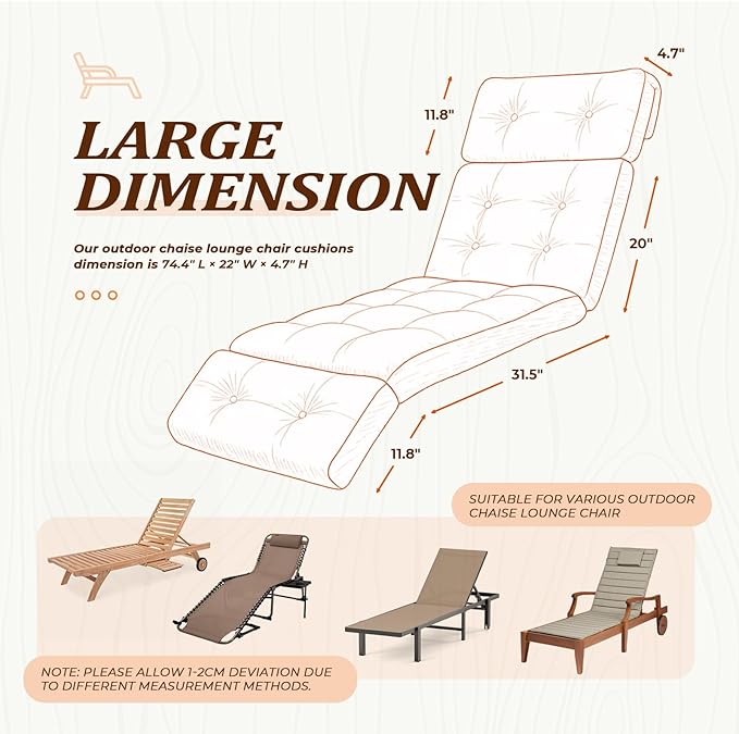 Waterproof Long Lounger Chair Cushion Outdoor Chaise Lounge Chair Cushionswith Ties, Patio Recliner Thickened Lounge Chair Cushions for Indoor 74.4 x 22 x 4.7 Inches,Cushion Only (Orange)