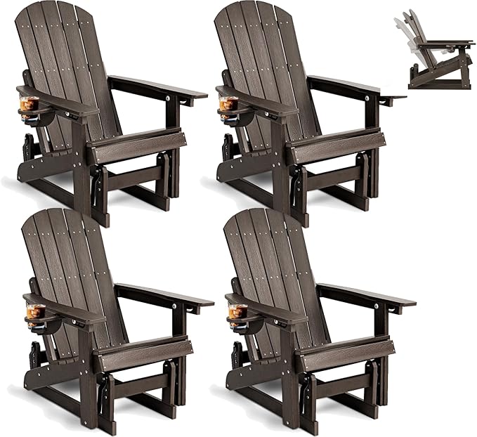 3-Position Adjustable Adirondack Chair with Cup Holder Set of 4, HDPE All-Weather Outdoor Glider Chair, Wood-Grain Fire Pit Chairs for Pool, Yard, Deck (Coffee Brown)