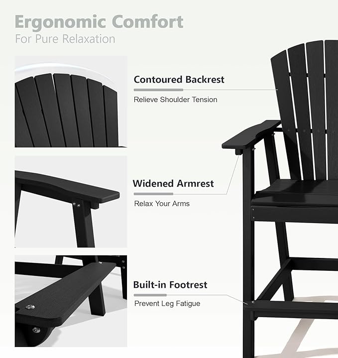 PASAMIC Tall Adirondack Chair Set of 2, All-Weather HDPE Outdoor Chairs with Removable Double Trays, Bar Height Adirondack Chairs for Balcony, Deck, Patio, Backyard, Black