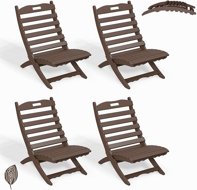 GREENVINES Folding-Xavier-Chairs Set of 4 | Wave | Portable Adirondack-Chair | HDPE Plastic | All Weather Fire-Pit Chair | Wood Grain | Dark Brown | for Beach Outdoor Deck Poolside Garden Patio