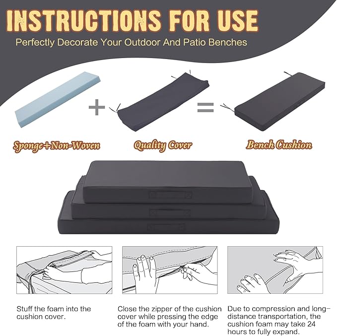 Outdoor Bench Cushion 4 inches Memory Foam Waterproof Patio Furniture Bench Cushion Porch Swing Cushion with Handle and Adjustable Strap, 60 x 18 Inch Dark Gray