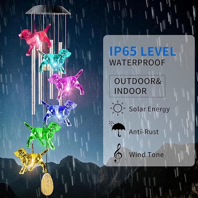 Dog Solar Wind Chimes with 4 Music Aluminum Tubes, Wind Chimes of Outside, 7 Colors Changing Outdoor Waterproof Crystal Dog LED Wind Bell, Home Party Yard Garden Decor