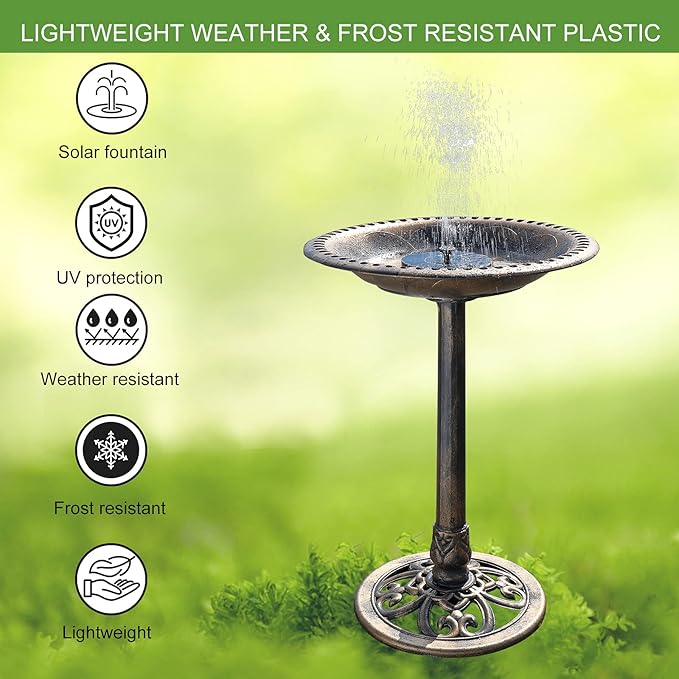 VINGLI 28 Inch Bird Bath with Solar Fountain Antique Copper Weather Resistant Resin Pedestal Birdbaths Floral Accents and Vintage Finish Garden Decor for Outdoor Lightweight Courtyard…