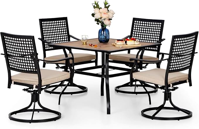 PHI VILLA Outdoor Conversation Furniture Set of 5 Piece Patio Dining Set for 4 Dining Swivel Chair with Cushion and Modern Patio Wood-Like Dining Table with Umbrella Hole for Outdoor Yard,Bistro