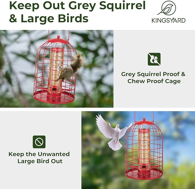 Kingsyard Metal Bird Feeder for Outdoors, Squirrel Proof Caged Tube Feeders Hanging Green, Wild Small Birds Rainproof Station for Garden Yard Seed Easy Clean,Red