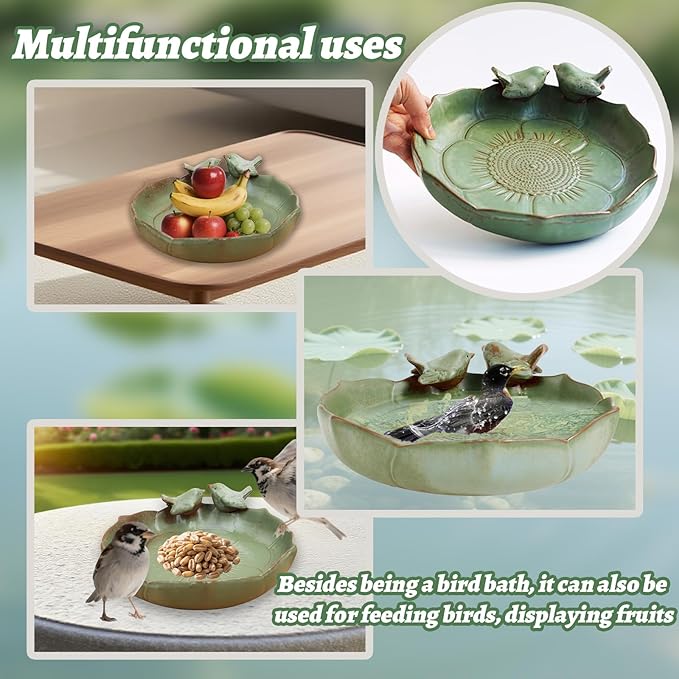 Green Ceramic Bird Bath Bowl - 9.45-Inch Ceramic Bird Baths for Outdoors, Durable Ground Bird Bath Bowl Ideal for Garden, Tabletop, Deck, Balcony & Lawn Use