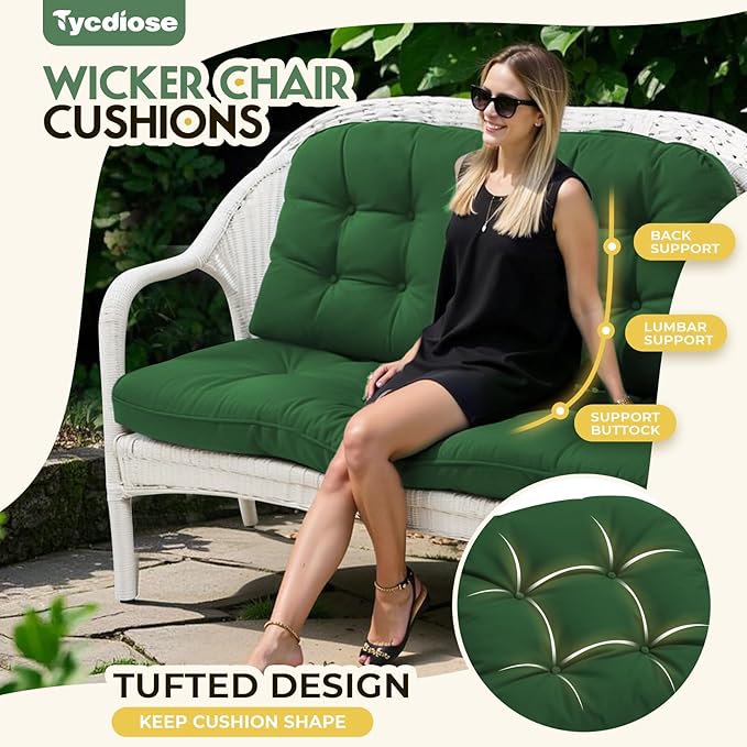 All Weather Outdoor Wicker Chair Cushions of 3 Pieces, Waterproof Outdoor Wicker Chair Cushion for Patio Furniture Loveseat Settee Bench, 1 Loveseat and 2 U-Shaped Thickened Cushions, Green