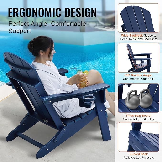 VEVOR Folding Adirondack Chairs Set of 2 with Cup Holder, All-Weather Portable Plastic Fire Pit Chair, Outdoor Adirondack Patio Chair, with Relaxing Arm Rest Ergonomic, for Garden, Backyard, Navy Blue