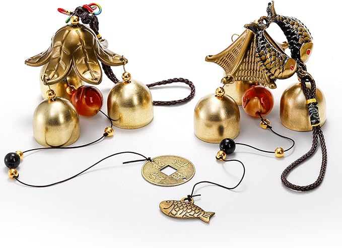 4 Pack Lucky Wind Chimes, Chinese Wind Bell, 3-Bell Vintage Blessing Hanging Wind Chime with Fish Coin for Safe, Good Luck, Wealth Home Garden Patio Hanging Decoration Gift