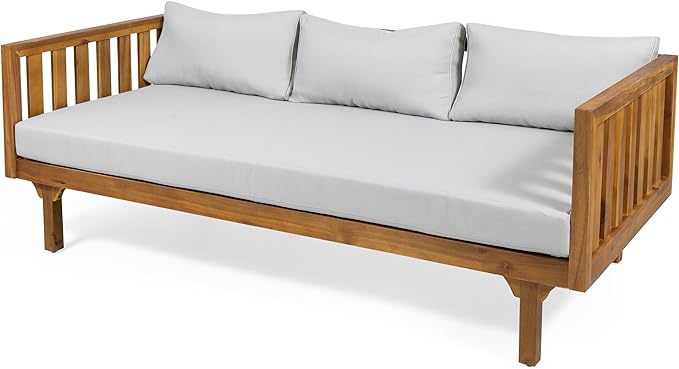 LUMISOL Outdoor Acacia Wood Daybed, Patio 3-Seater Sofa with Water-Resistant Cushions, Patio Outdoor Daybed with Slatted Armrests & Wood Legs for Backyard, Deck, Poolside, Teak