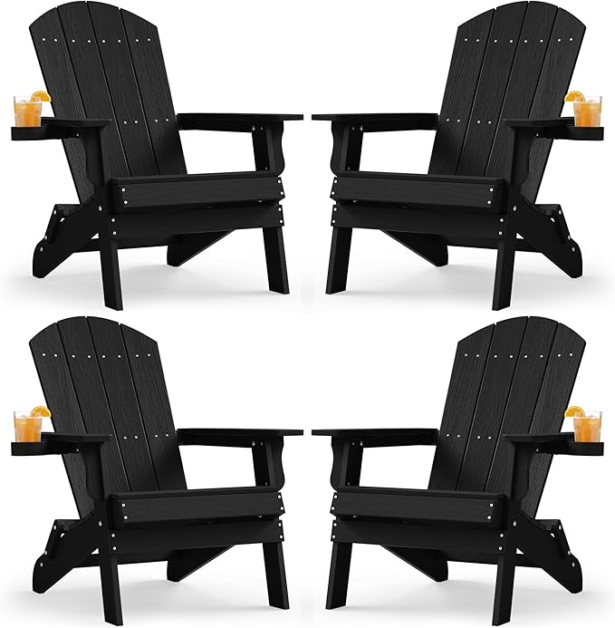 YEFU Adirondack Chair, Foldable Oversized Plastic Adirondack Chair Set of 4 with Cup Holder, Patio Chair with Weather Resistant for Outside Deck Lawn, Weight Capacity Up to 400 Lbs –Black