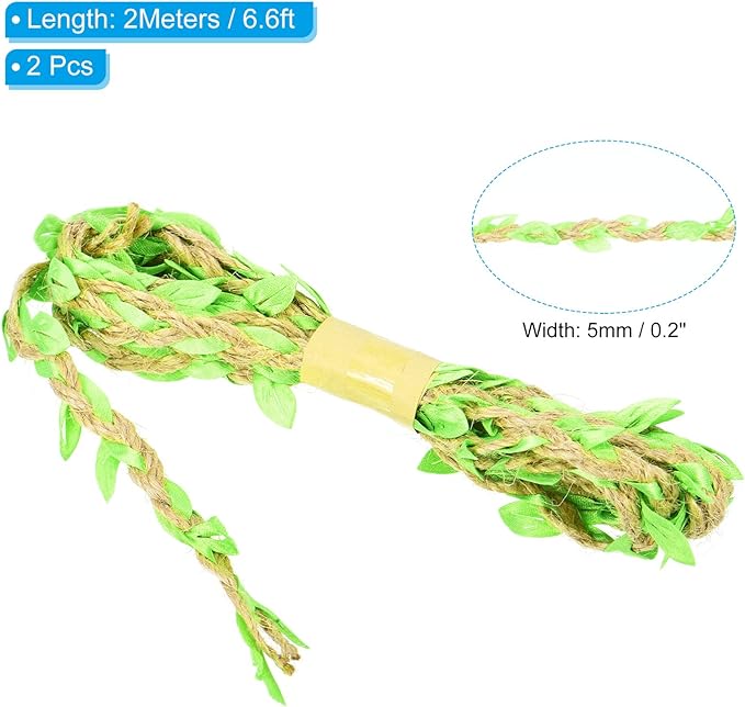 PATIKIL 6.6ft 5mm Burlap Leaf Ribbon, 2 Pack Braided Decoration Vine Natural Jute Rope Twine with Artificial Leaves for Jungle Wedding Party Home Garden Decor, Fluorescent Green