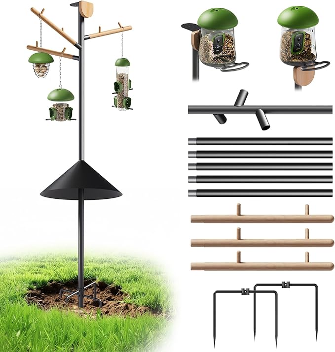 LONA Heavy Duty Bird Feeder Pole - 105 Inch Adjustable Height with 0.9-Inch Dia Bird House Pole Mount Kit for Outdoors, Squirrel Proof Baffle, 5-Prong Base, Feeding Stand for Hanging Feeders