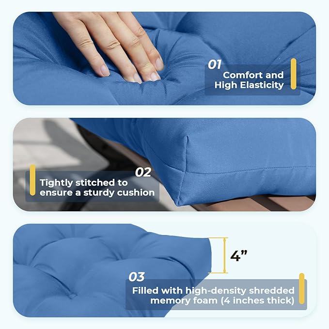 All Weather Outdoor Wicker Chair Cushions of 3 Pieces, Waterproof Outdoor Wicker Chair Cushion for Patio Furniture Loveseat Settee Bench, 1 Loveseat and 2 U-Shaped Cushions, Royal Blue