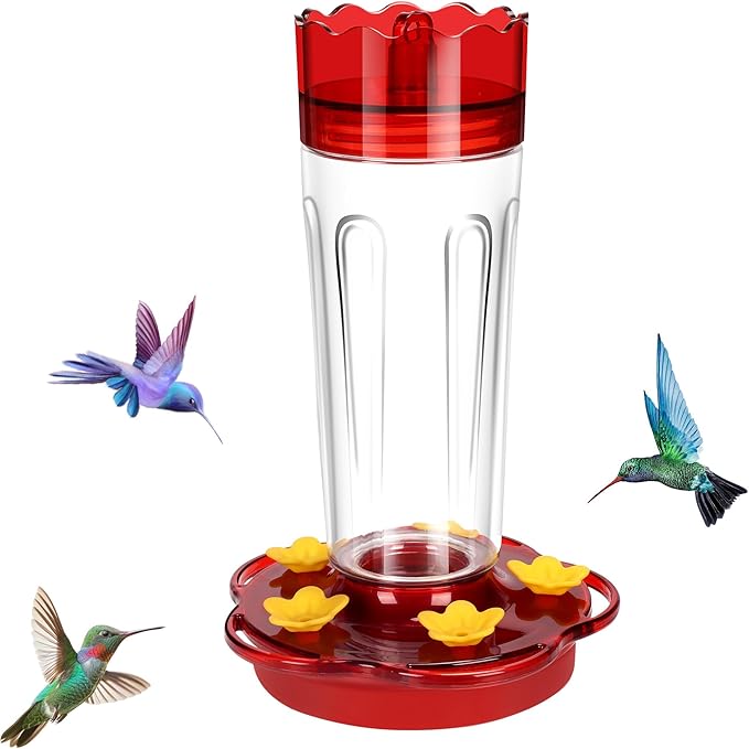 Hummingbird Feeders for Outdoors Hanging Ant and Bee Proof, 1 Pack 15 Ounces Red Hummingbird Feeder with 5 Feeding Ports and Perches, Built-in Ant Moat, Outside Garden Décor (Glass, 1)
