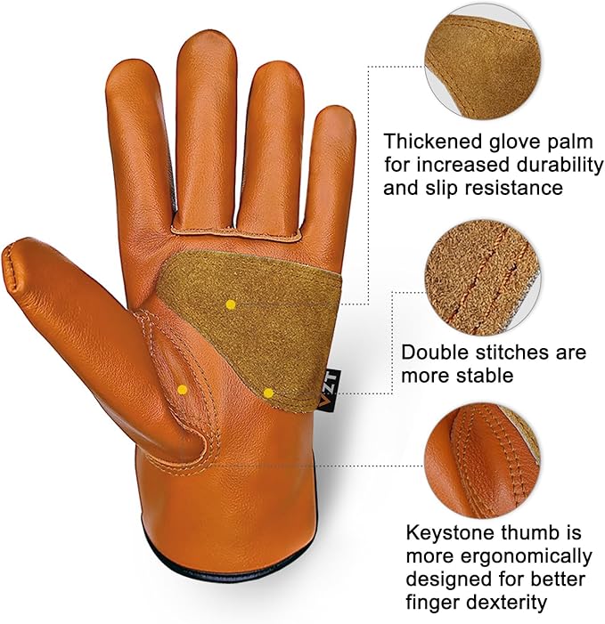 2 Pairs Leather Work Gloves for Men or Women, Non-fading Cowhide, for GardeningConstruction, Welding, Yardwork, driver