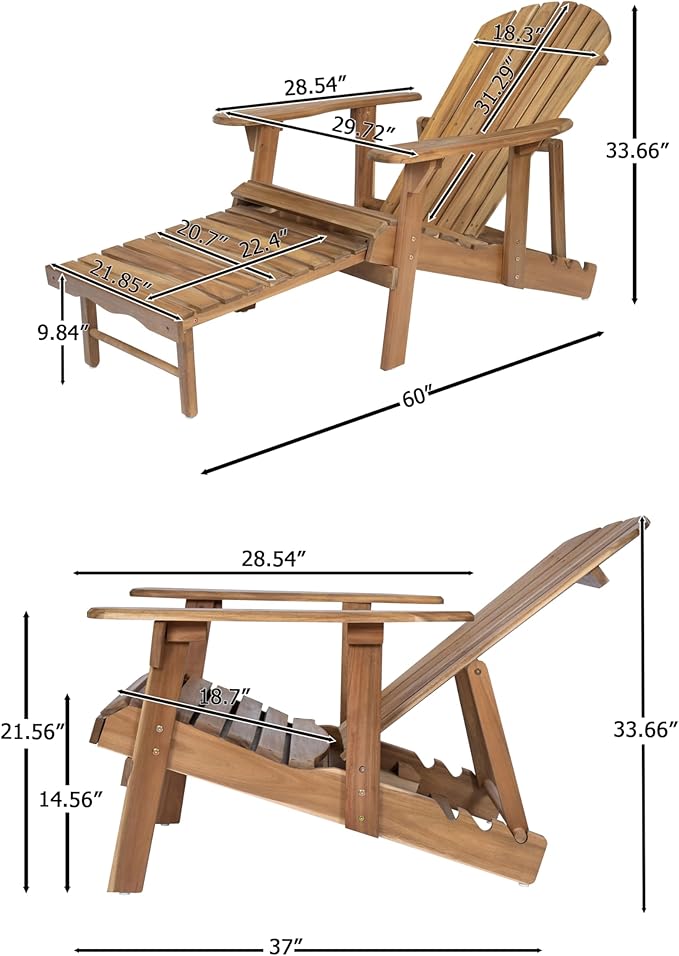 Merax Folding Adjustable Acacia Wood Adirondack Chairs, with Retractable Ottoman Outdoor Lounge Reclining Chair for Yard, Garden, Patio, Natural Stained