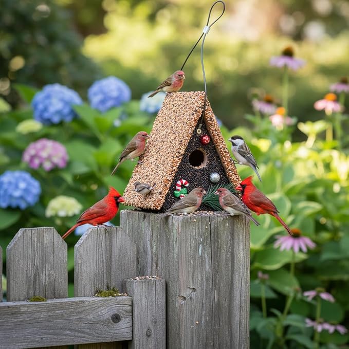 Seeded Birdhouse, Birdseeded Bird House, Wood Wren Bird Houses Covered with Wild Birdfood,Bird Feeders for Outside Hanging, A Frame Birdhouse