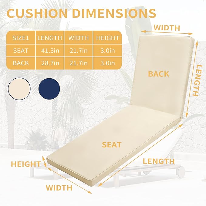 Outdoor Chaise Lounge Cushions for Patio, 71"x22"x3" Lounge Chair Waterproof Replacement Seat Cushions for Outdoor Furniture (Beige, 1 Pcs)
