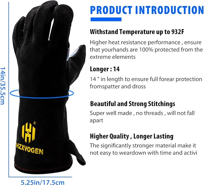 H HZXVOGEN Welding Gloves Fireplace Gloves Fire Heat Resistant 932℉ Fireproof Leather Mitts for Stove BBQ Grill Oven MIG TIG