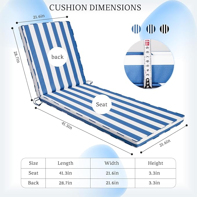 Chaise Lounge Cushions Outdoor Set of 2, 71"x22"x3" Patio Lounge Chair Furniture Cushions with Washable Covers for Pool, Patio, Lawn (Sky Blue White Stripes, 2 Pcs)